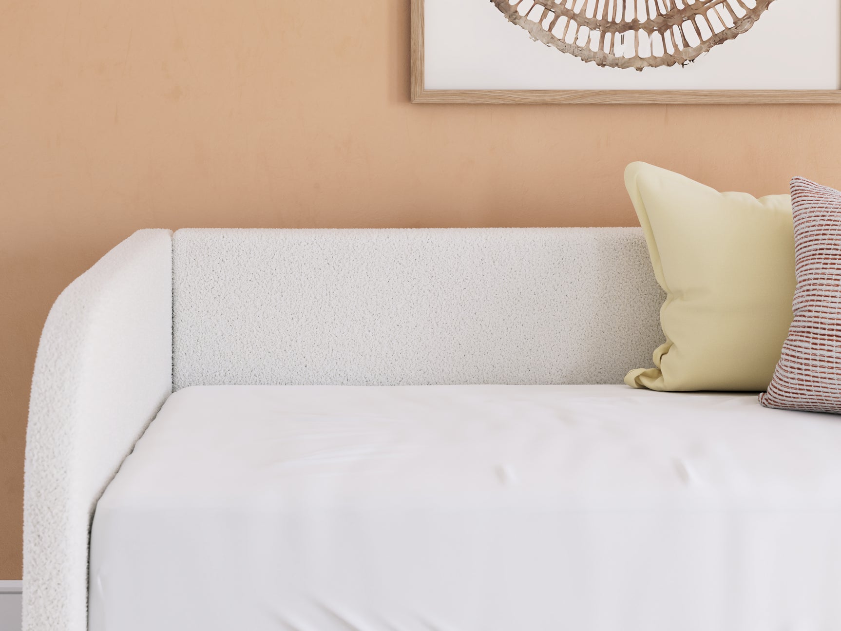 Swatch showing tan polyester upholstery and light wood finish colors