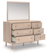 Head-on view of Arloster Dresser and mirror attached