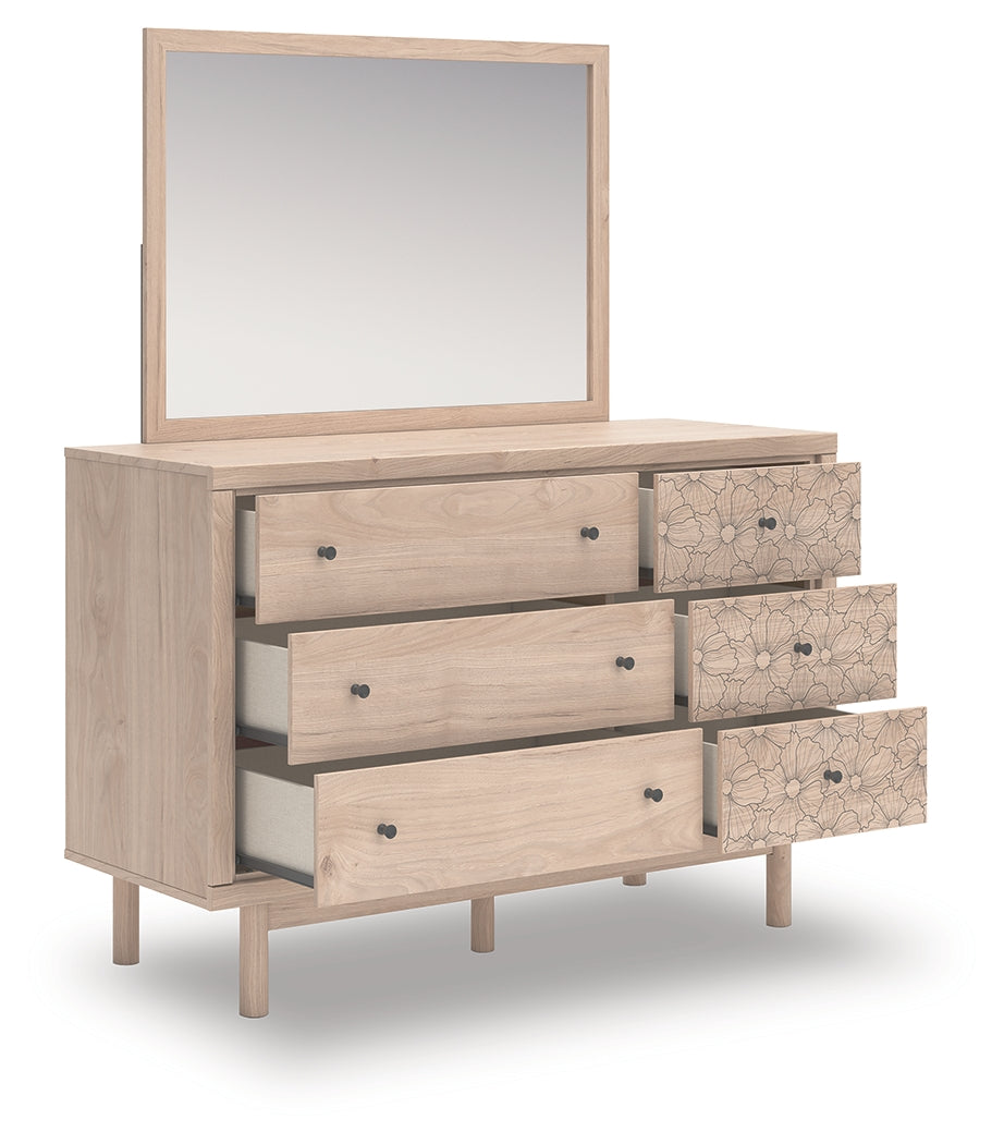 Head-on view of Arloster Dresser and mirror attached