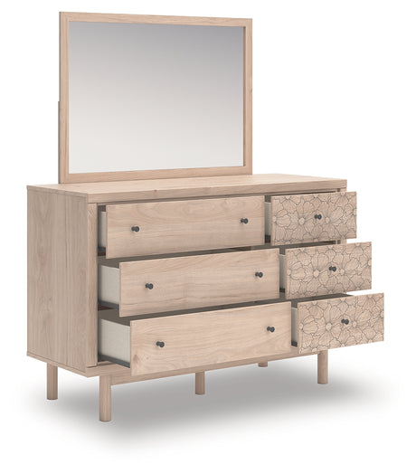 Head-on view of Arloster Dresser and mirror attached