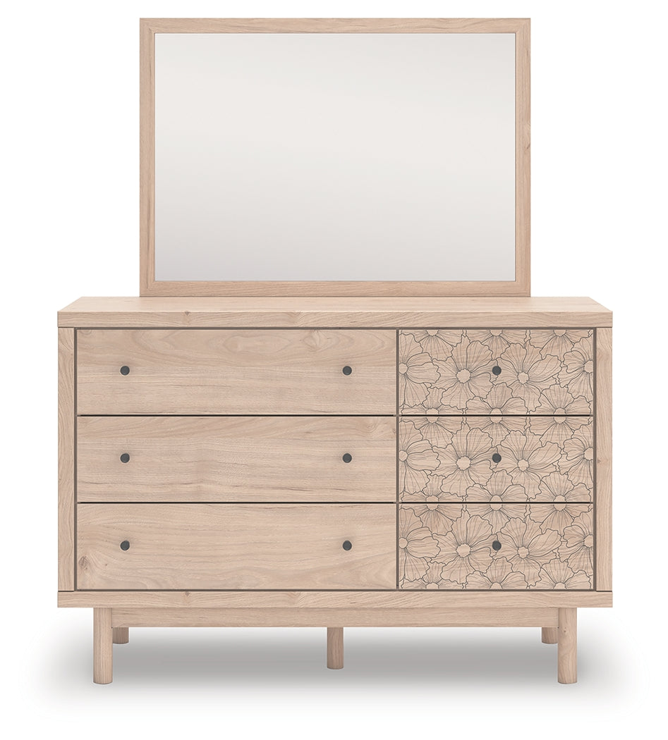 Back view of Arloster Dresser showing mirror attachment
