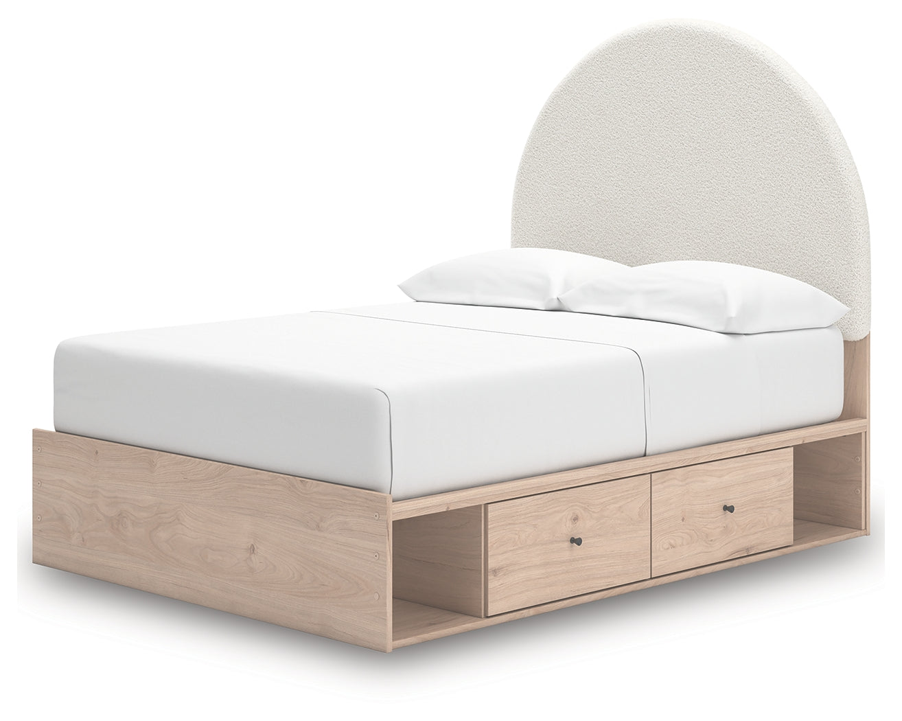 Side view of full panel bed with storage drawers
