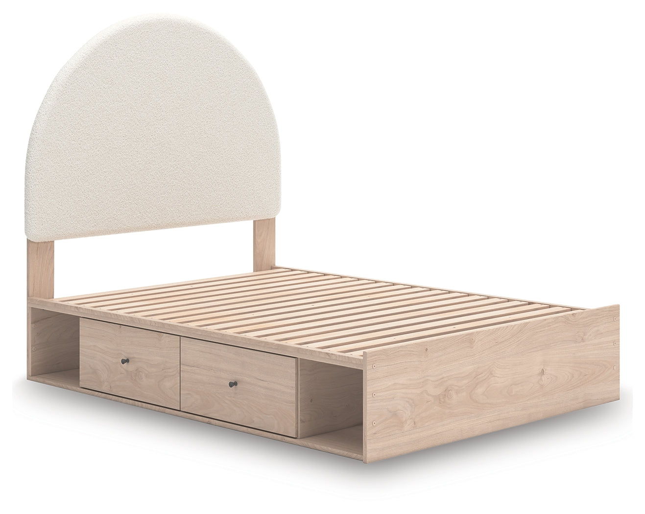Bed footboard detail with tan and white finish
