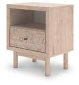 Arloster Tan Nightstand open drawer showing faux linen lining