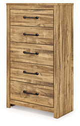 Side angle of Maystonna brown chest of drawers