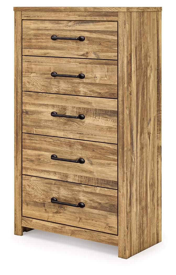 Side angle of Maystonna brown chest of drawers