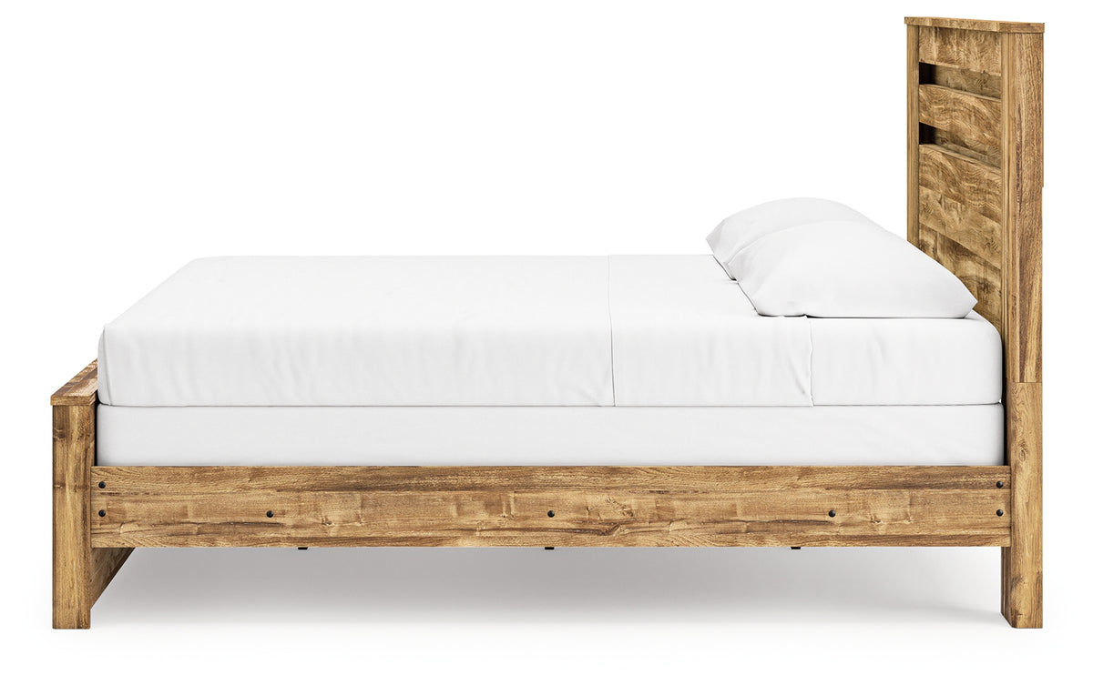 Close-up of bed's wooden grain finish