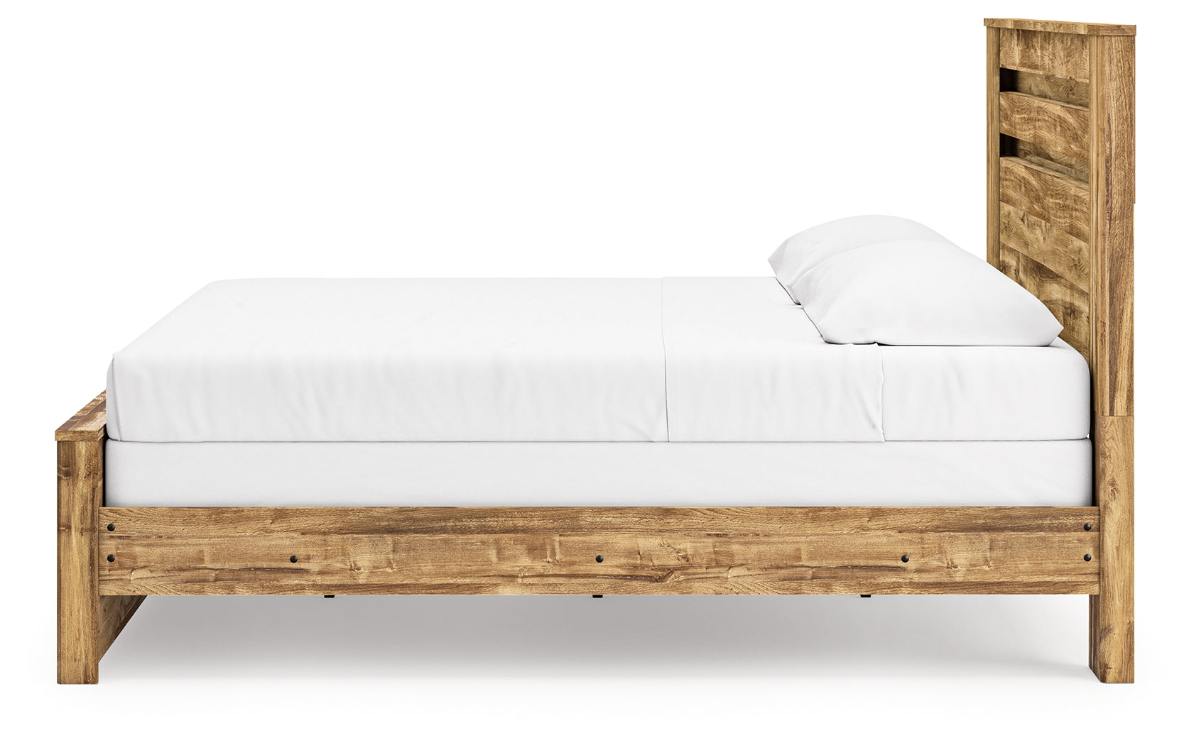 Close-up of bed's wooden grain finish