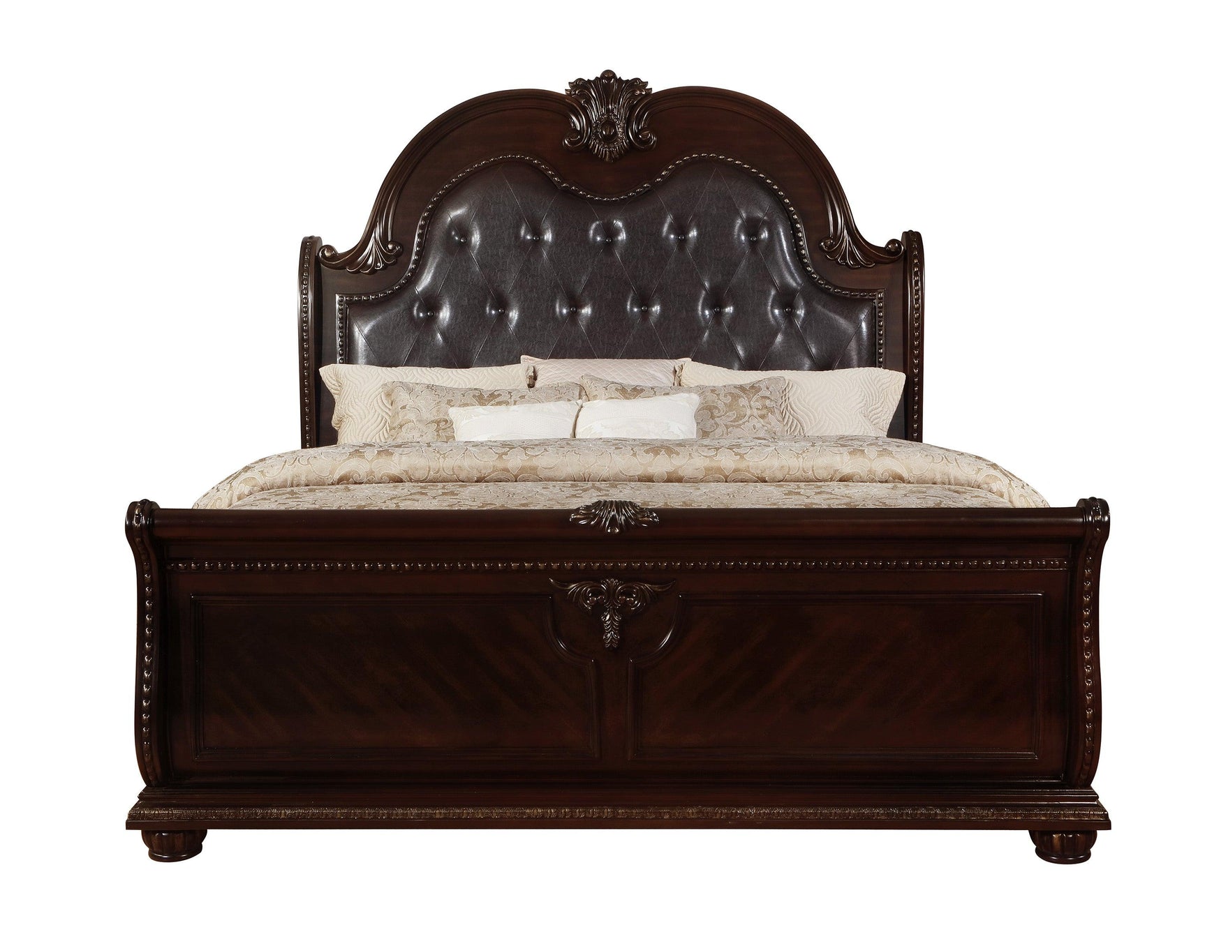 Stanley Cherry Brown Finish Modern Wood King Faux Leather Upholstered Tufted Sleigh Bed from front angle