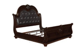Bedroom view of Stanley Cherry Brown fabric upholstered tufted sleigh bed in king size