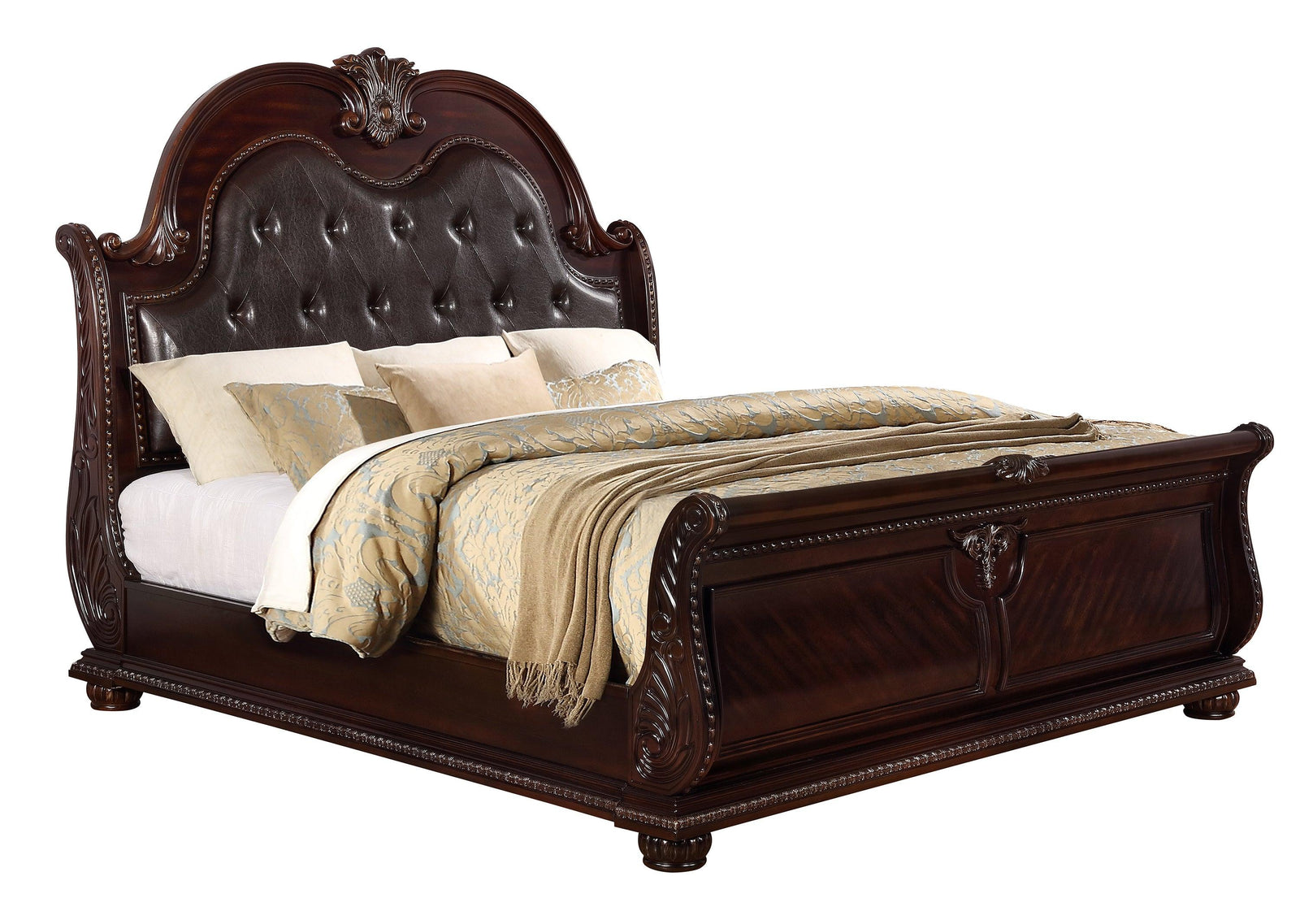 Stanley Cherry Brown Modern Wood Queen Faux Leather Upholstered Tufted Sleigh Bed - Ella Furniture