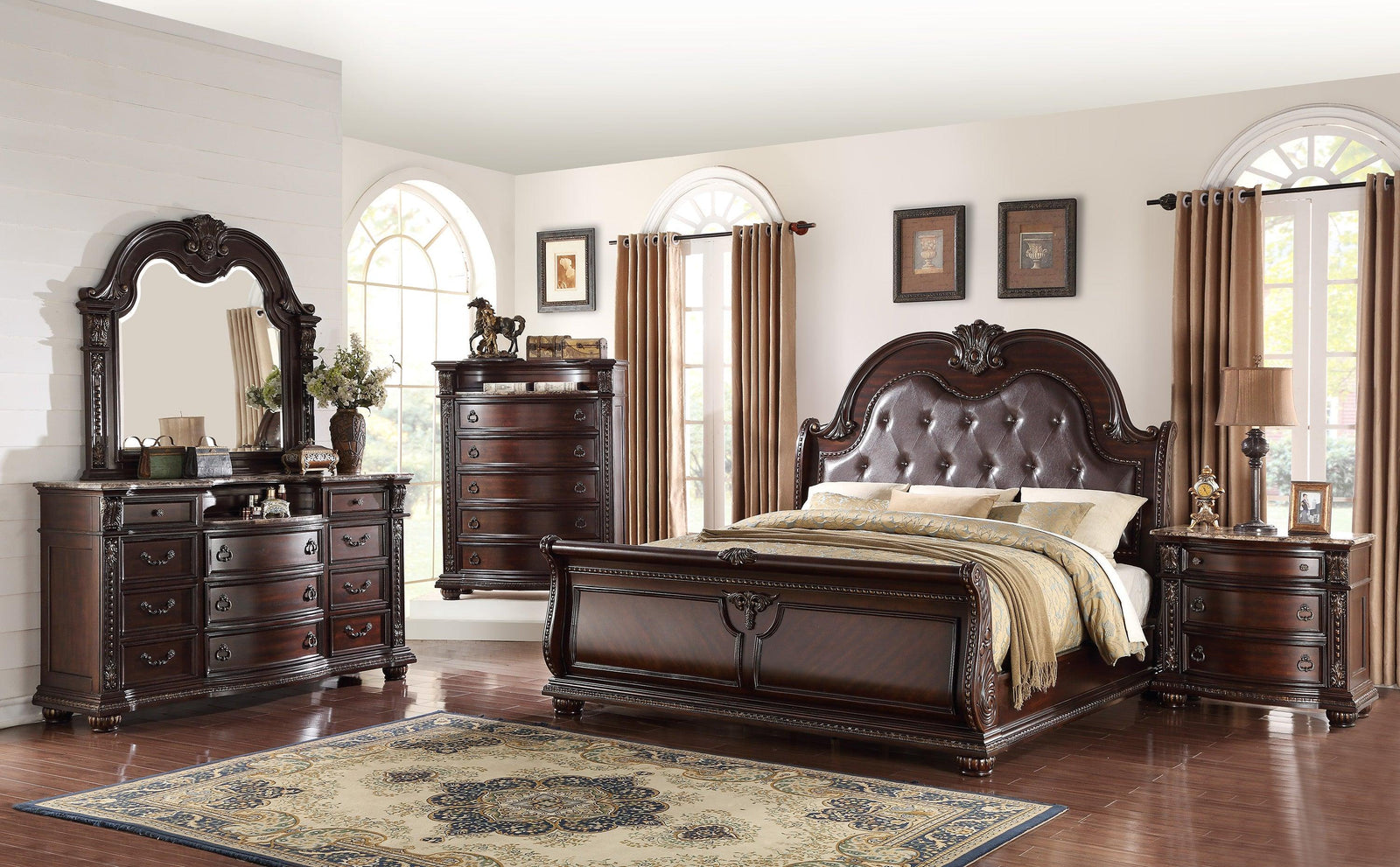 main view of Stanley Cherry Brown Fabric Upholstered Tufted Sleigh Bedroom Set bed