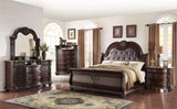 Close-up of tufted faux leather headboard on Stanley Sleigh Bed