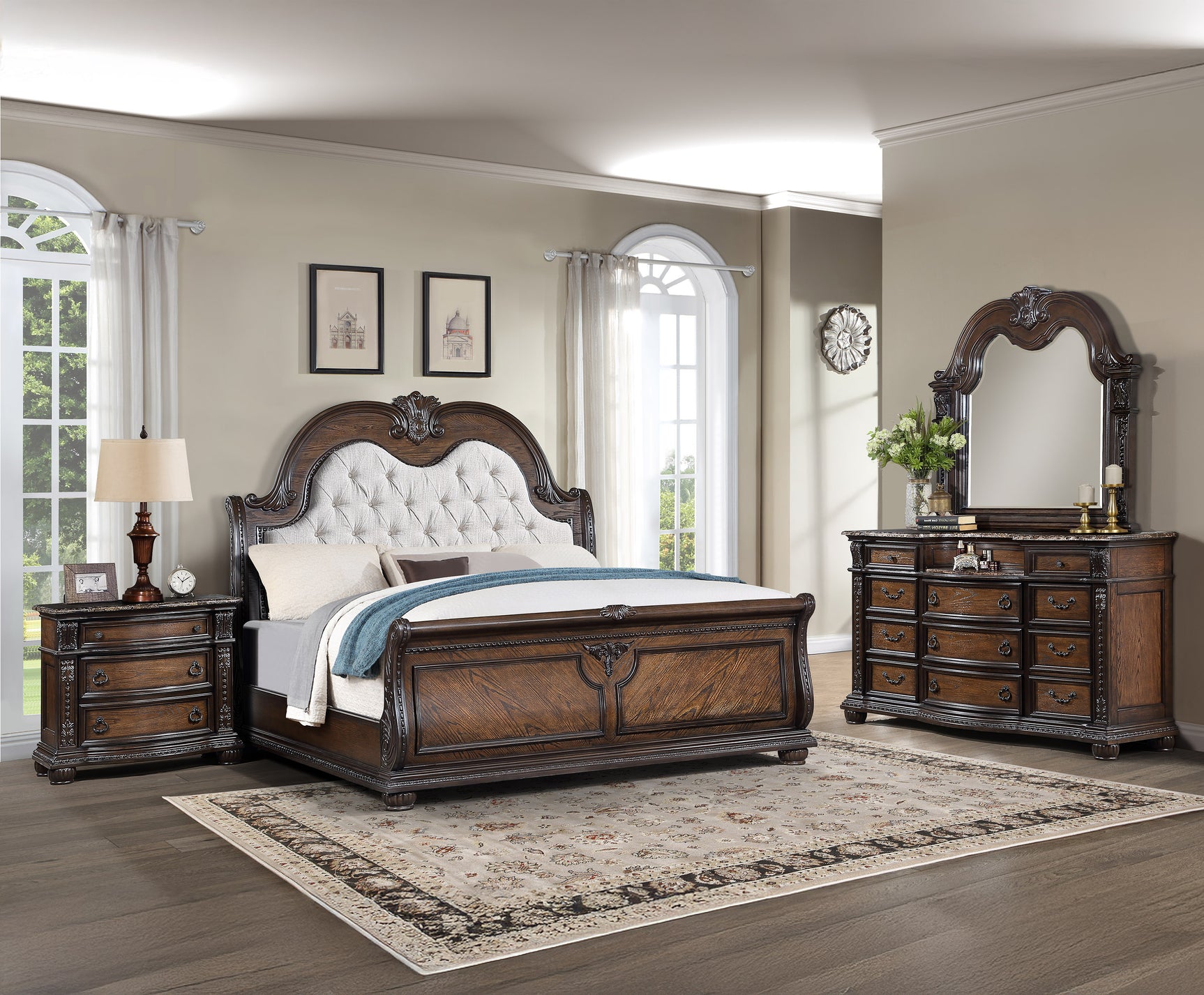 side view of Stanley Coffee Brown Upholstered Tufted Sleigh Bedroom Set bed