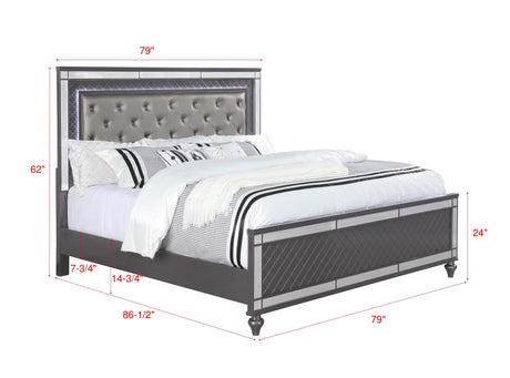 Refino Gray LED Upholstered Tufted Panel Bedroom Set main view queen size bed
