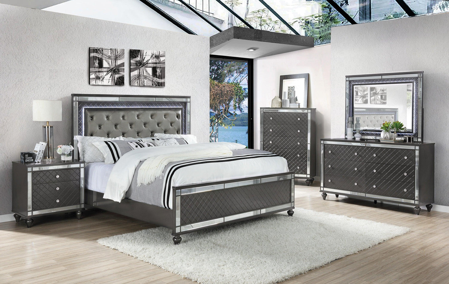 Refino Gray Queen Bed side view with LED lighting