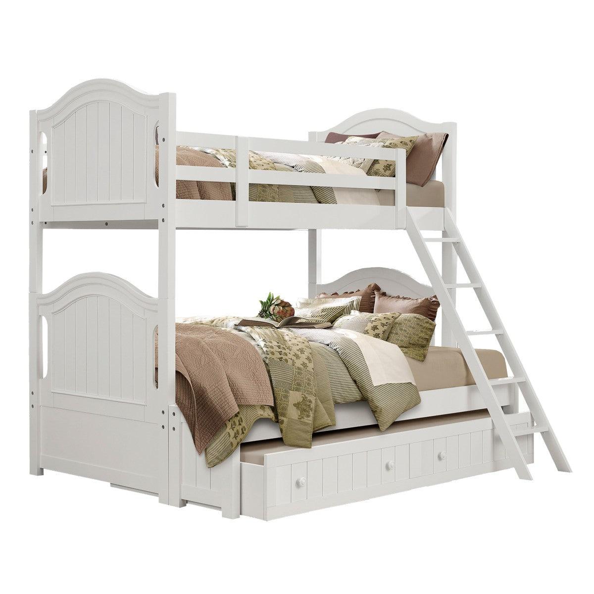 Front view of Clementine White Twin-over-Full Bunk Bed with Twin Trundle