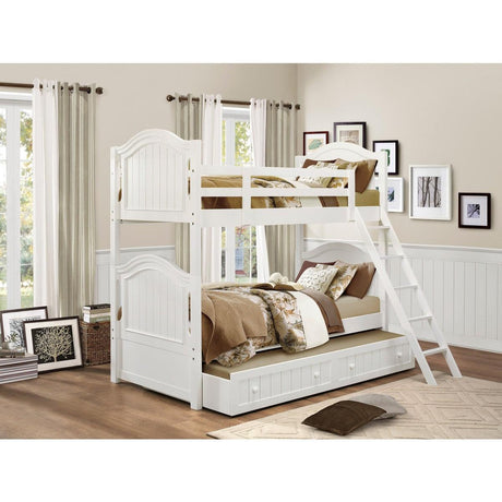 Clementine White Twin Over Twin Ladder Bunk Bed - close-up showing bead-board paneling and posts