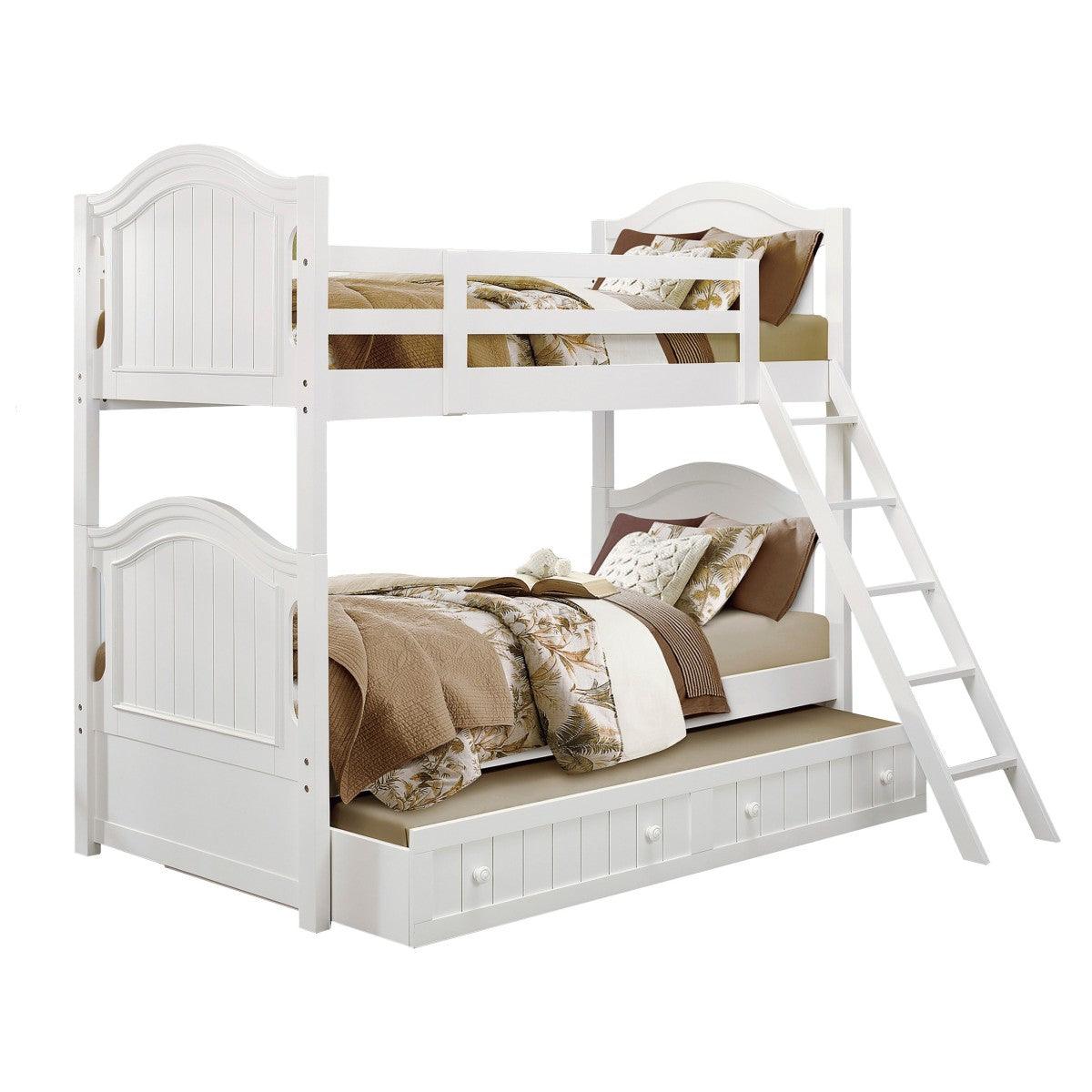Clementine White Twin Over Twin Ladder Bunk Bed - side view showing ladder and guard rails