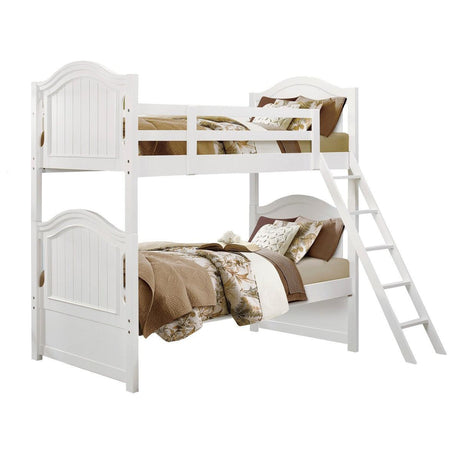 Clementine White Twin Over Twin Ladder Bunk Bed - front angle