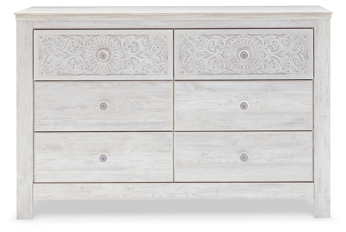 Paxberry whitewash dresser close-up of medallion drawer pull