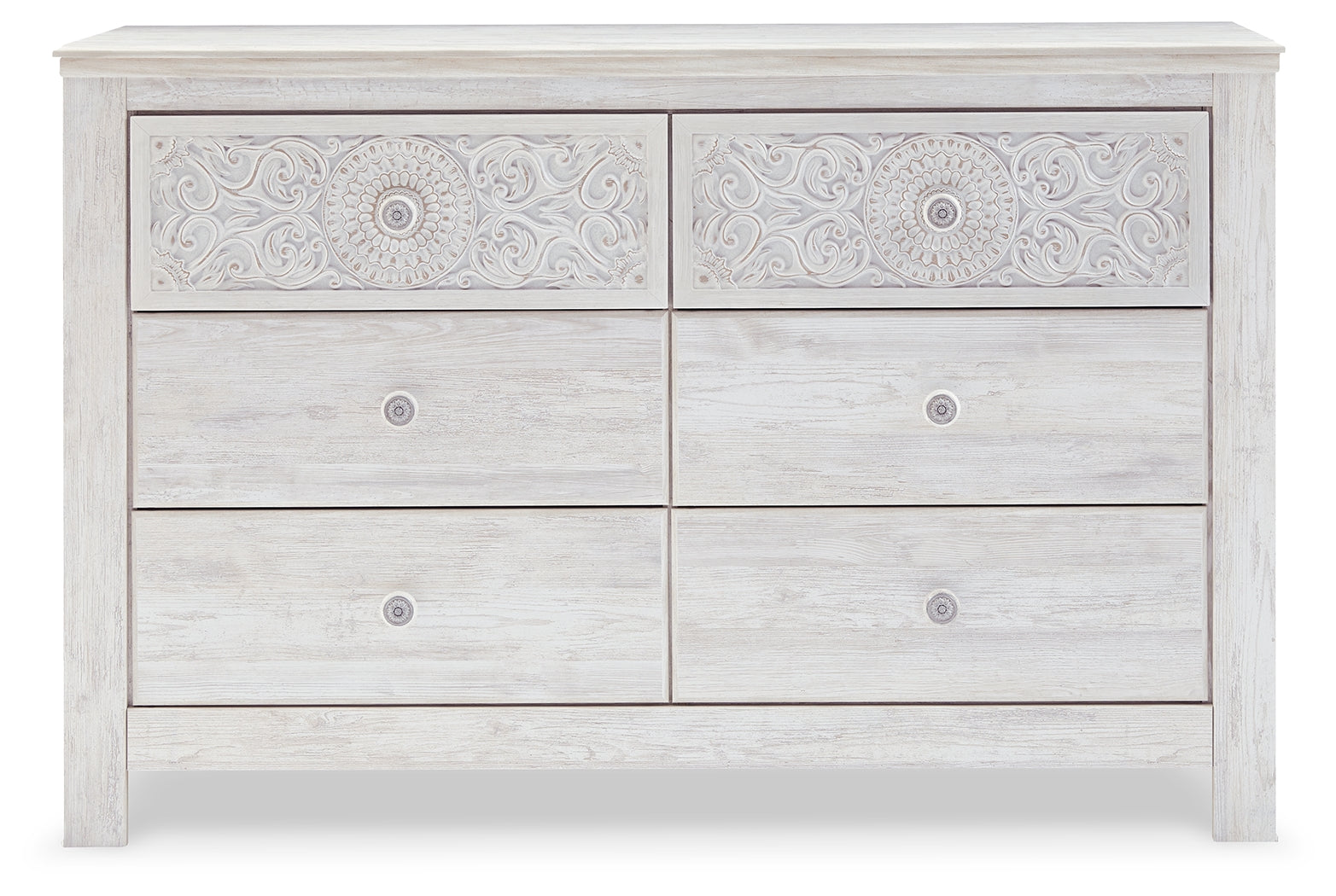Paxberry whitewash dresser close-up of medallion drawer pull
