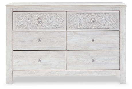 Paxberry whitewash dresser close-up of medallion drawer pull