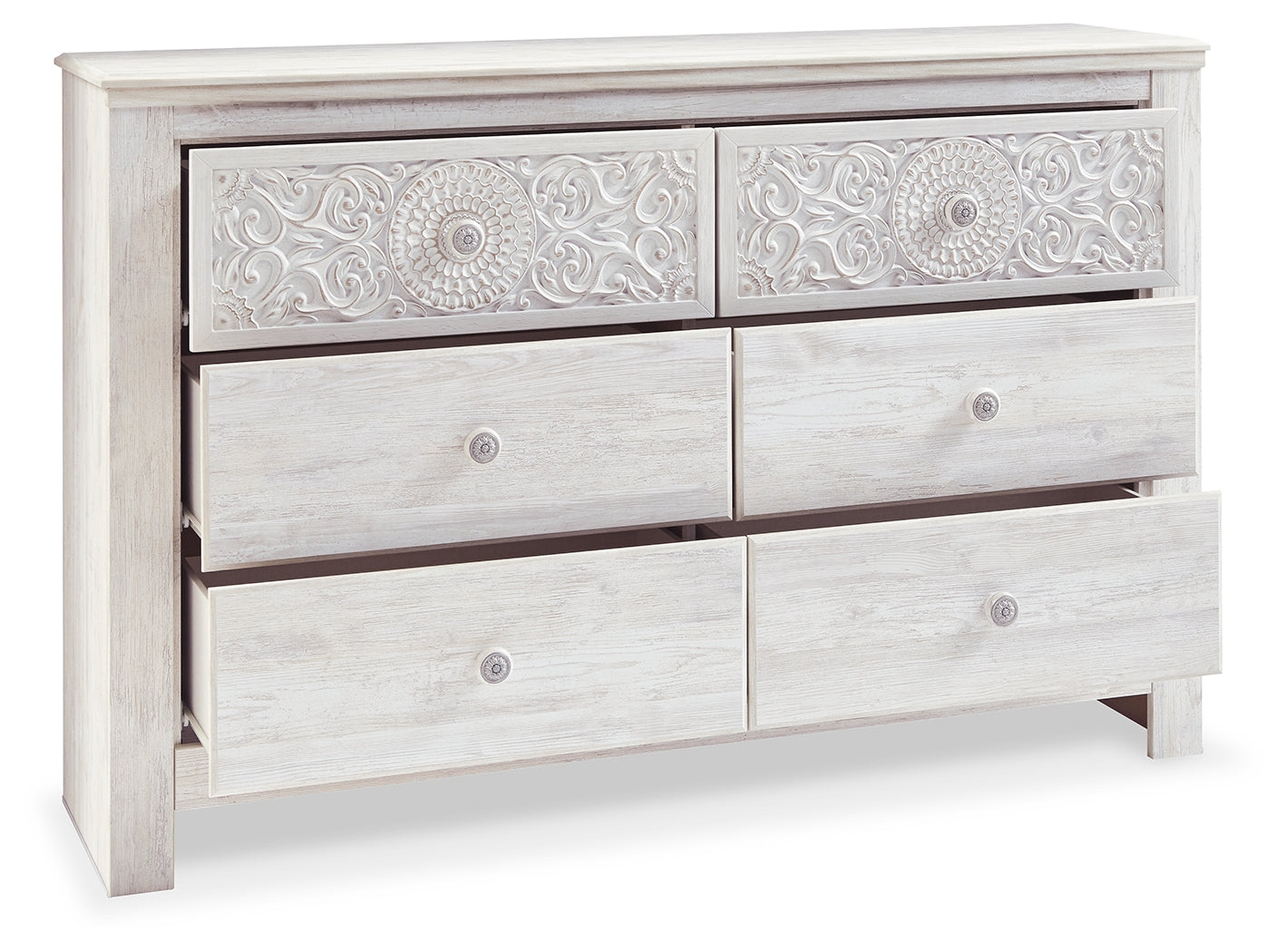 Paxberry dresser drawer open angle with faux laminate lining