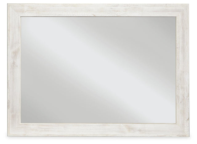 Paxberry Whitewash Bedroom Mirror front view with weathered whitewash frame