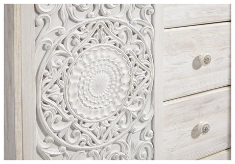 Detailed close-up of whitewash finish and hardware