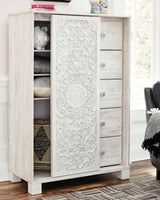 Open chest showing drawer interiors and shelves
