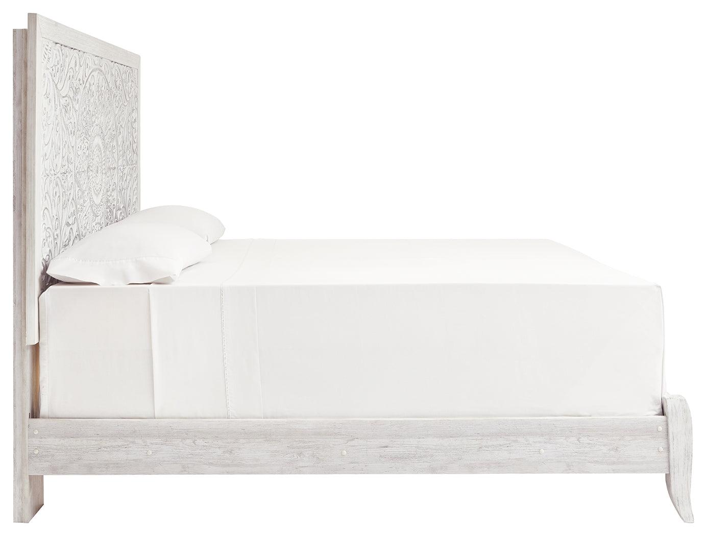 Paxberry Whitewash King Panel Bed side profile with adjustable headboard