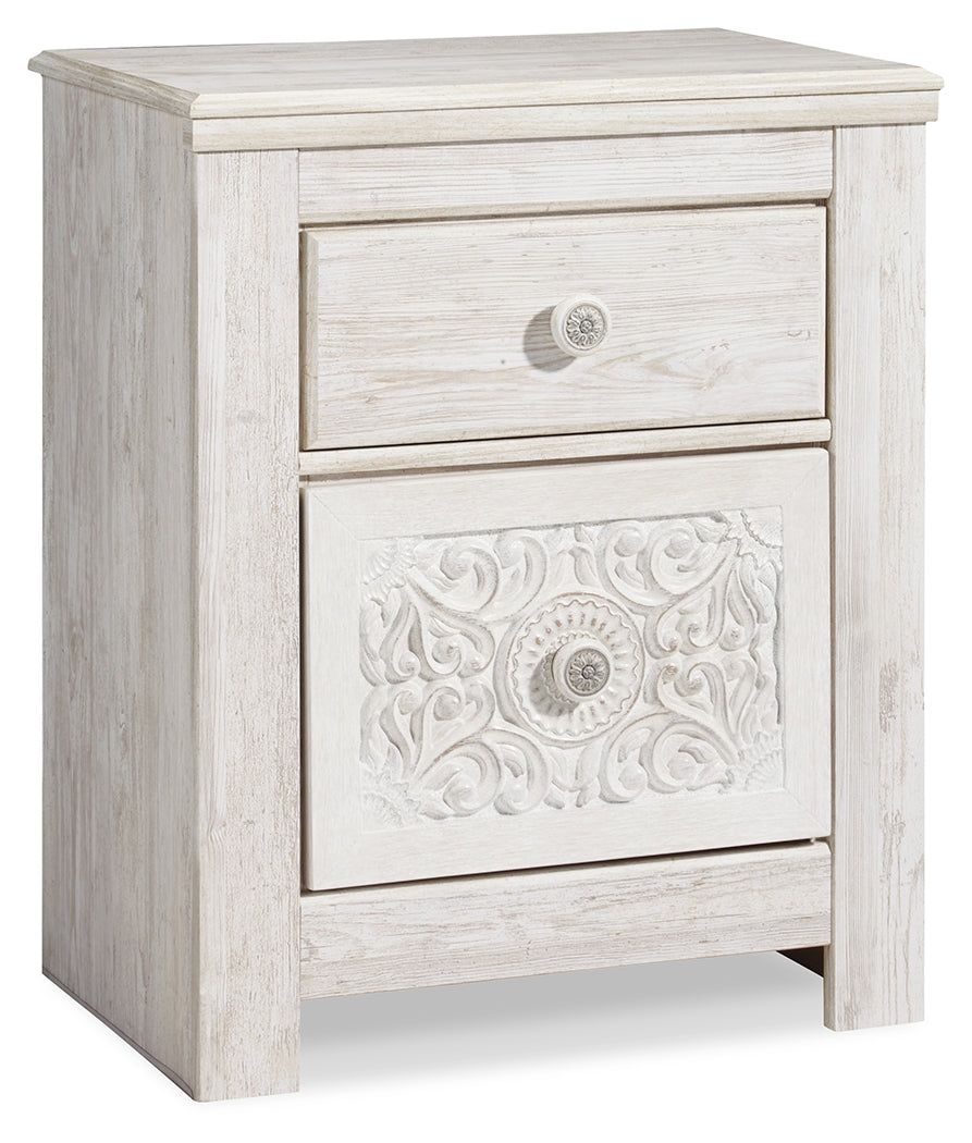 Paxberry Nightstand detail of medallion drawer pull