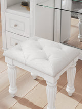 Kozlani White Vanity Stool close-up of button-tufted upholstery and wood finish