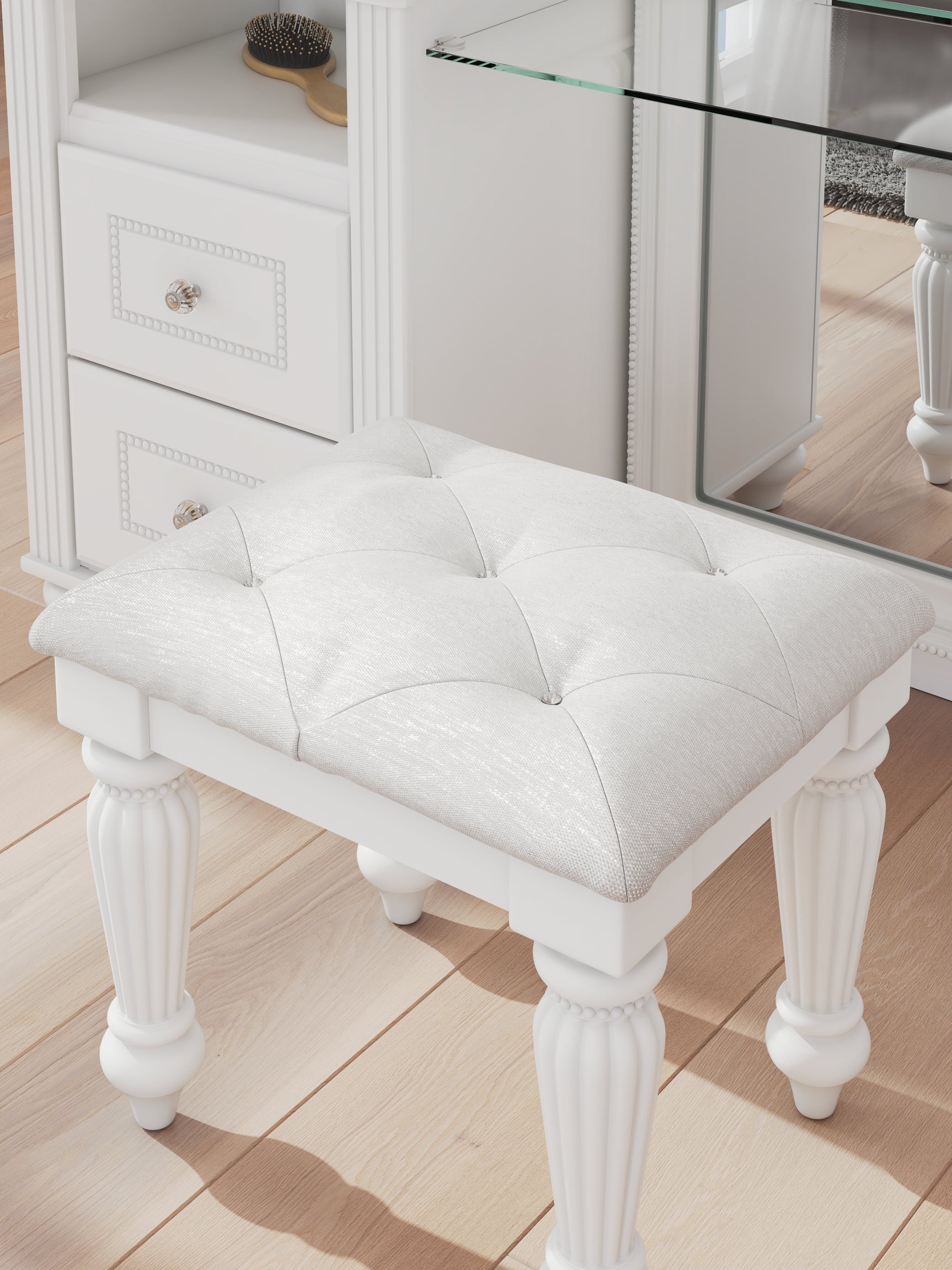 Kozlani White Vanity Stool close-up of button-tufted upholstery and wood finish
