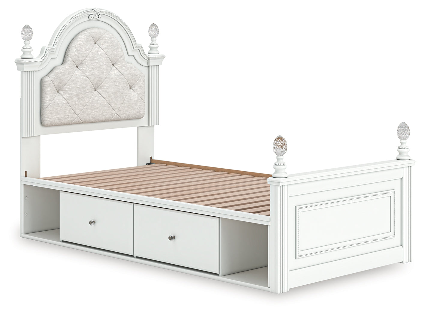 Side angle showing crystal knobs and decorative beading
