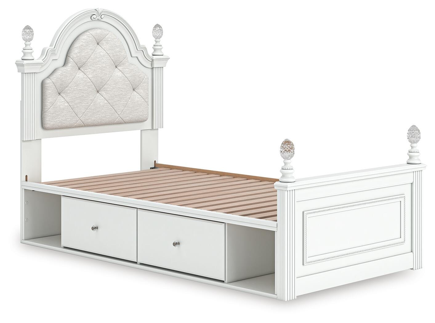 Decorative ball tops and beading details on the twin bed