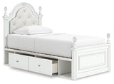 Open storage drawers and cubbies under twin bed
