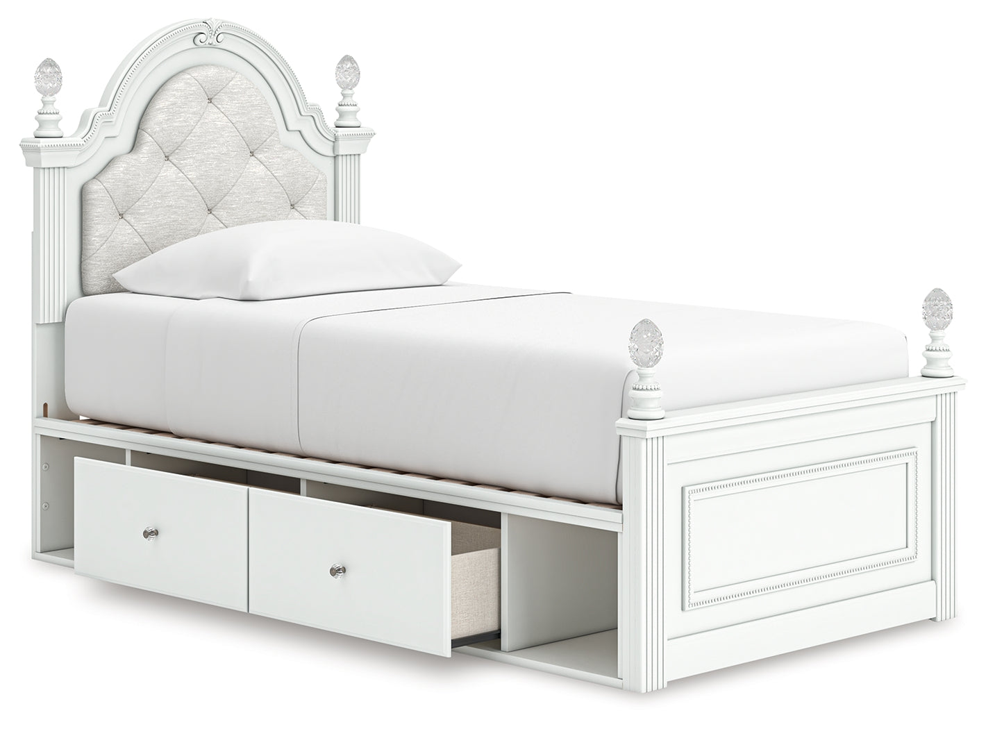 Open storage drawers and cubbies under twin bed