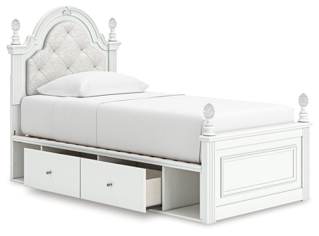 Open storage drawers and cubbies under twin bed
