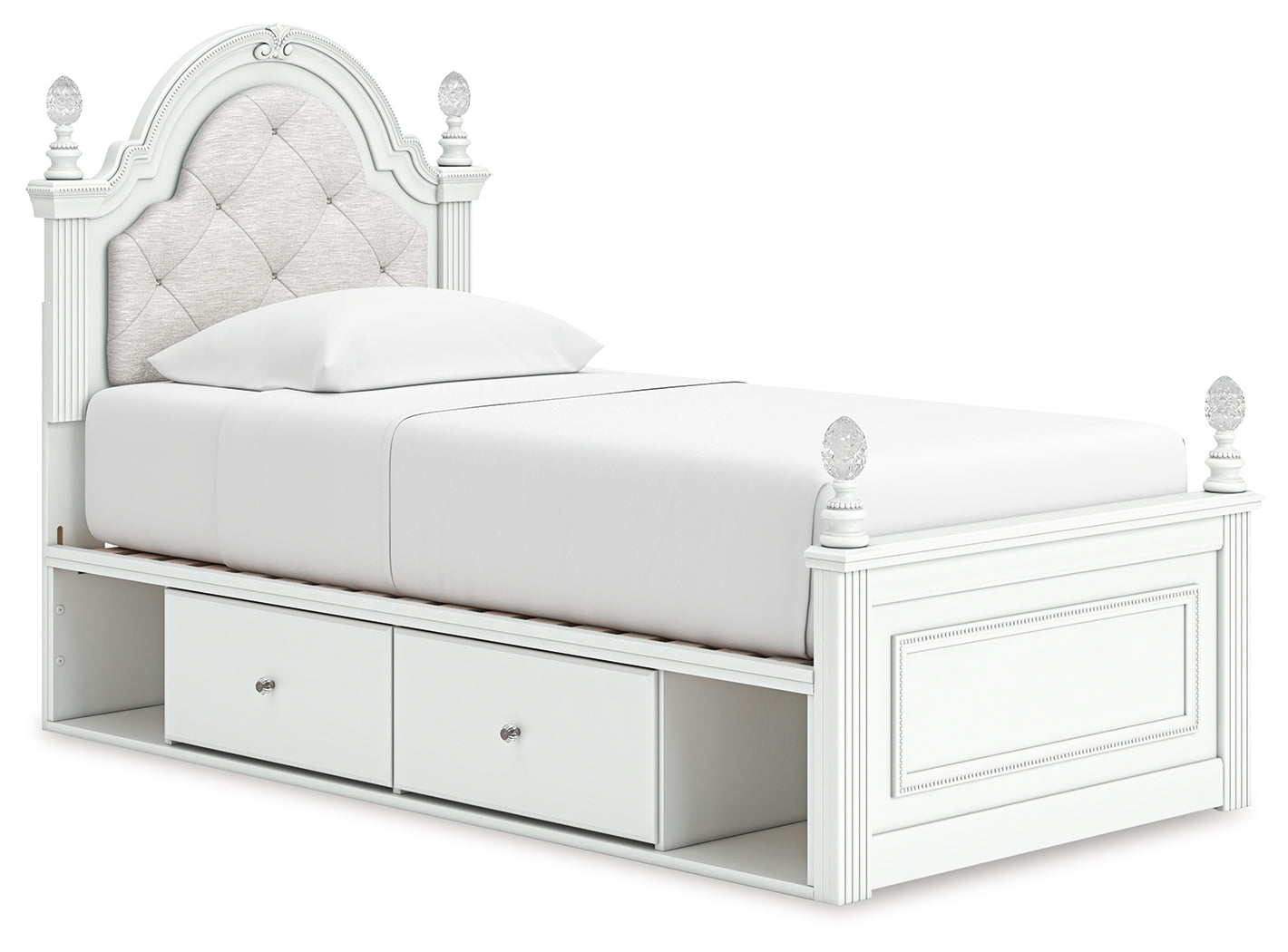 Twin upholstered panel storage bed with LED lighting on headboard