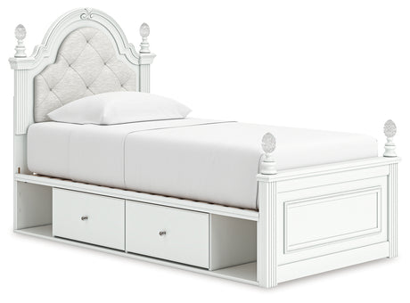 Twin upholstered panel storage bed with LED lighting on headboard