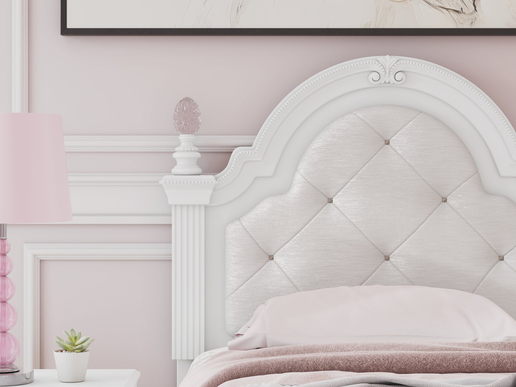 Close-up of button-tufted upholstery and LED lighting on headboard