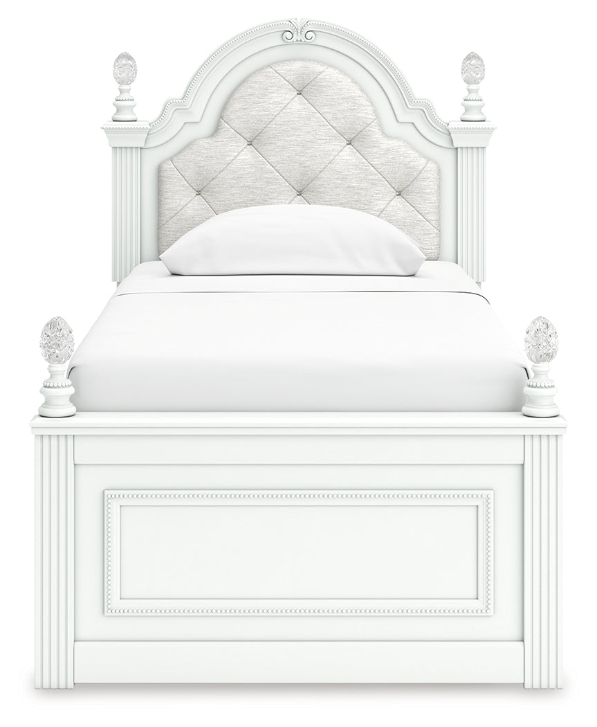 Front view of twin bed with button-tufted upholstered headboard