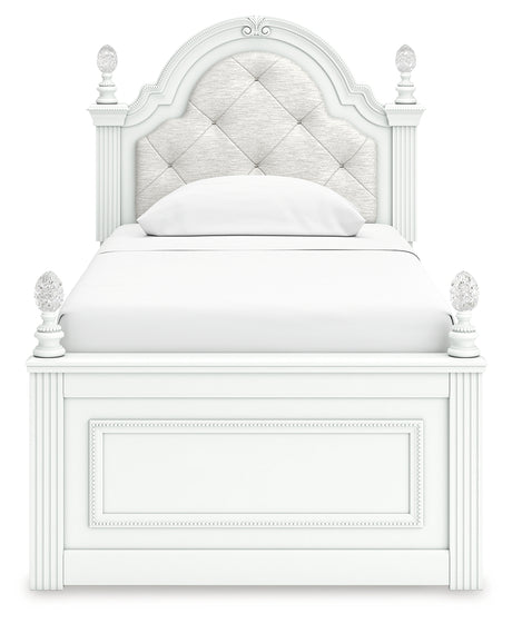 Front view of twin bed with button-tufted upholstered headboard
