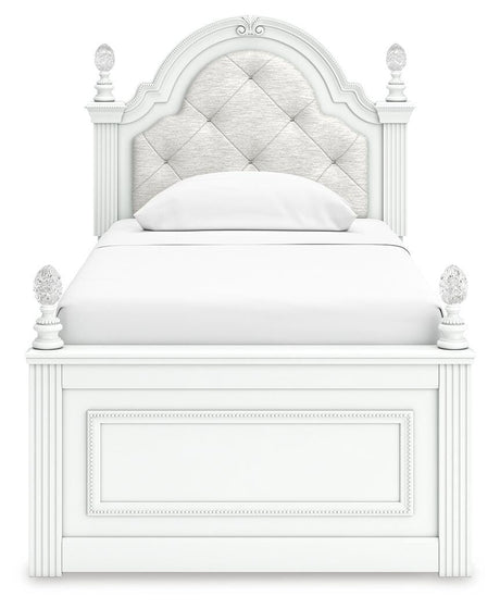 Close-up of upholstered button-tufted headboard with LED lighting