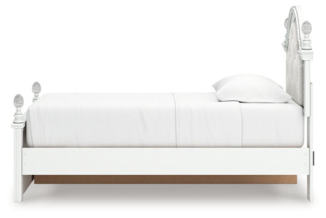 Side-alt view of white twin panel storage bed