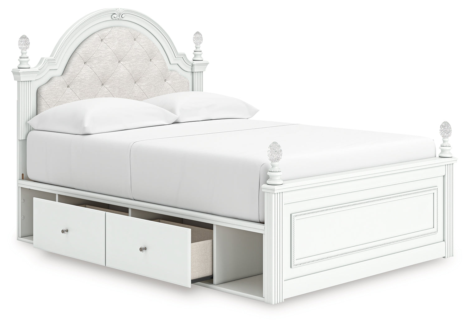 Headboard close-up with button-tufted upholstery and LED lighting