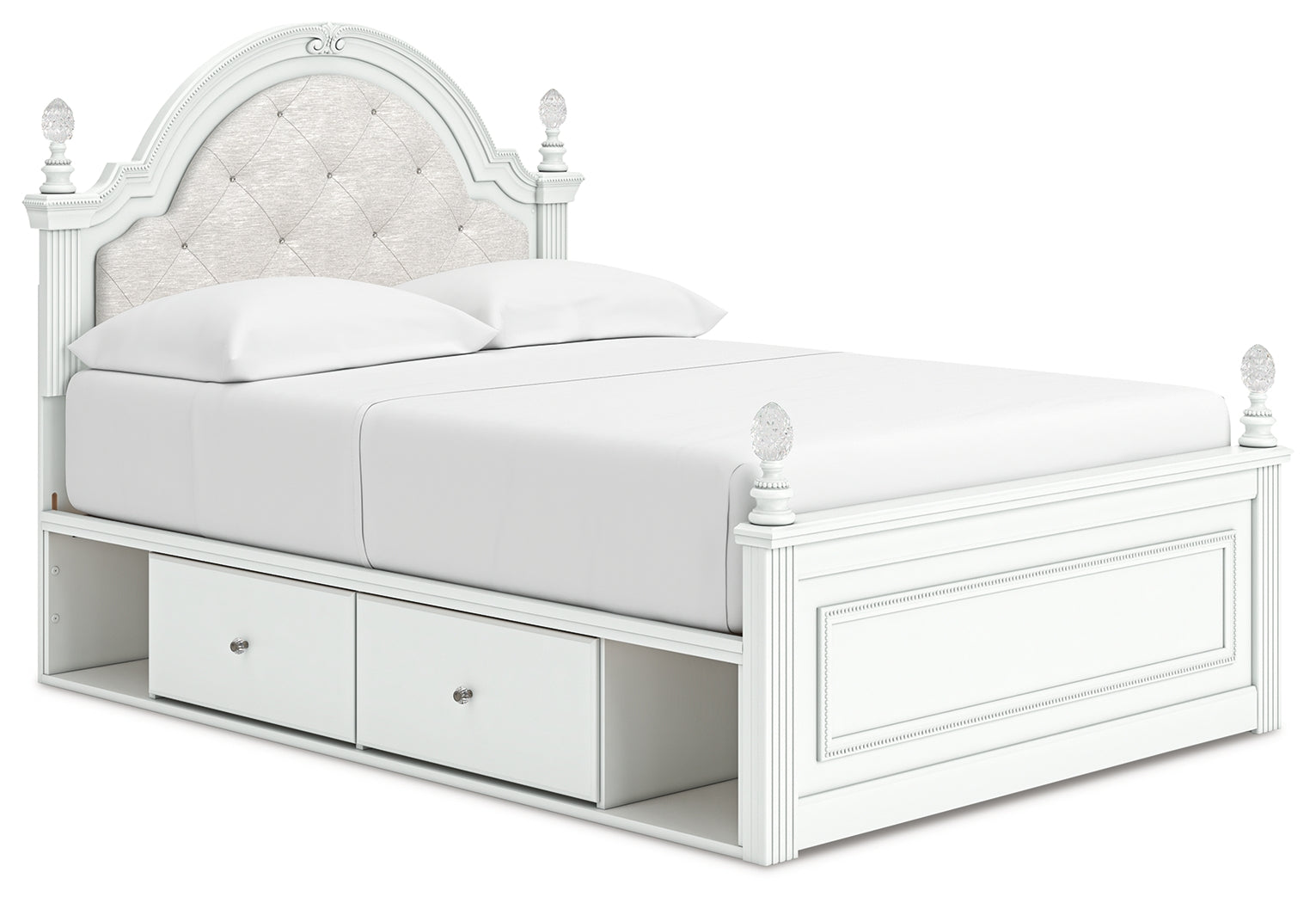 Side angle showing storage drawers open