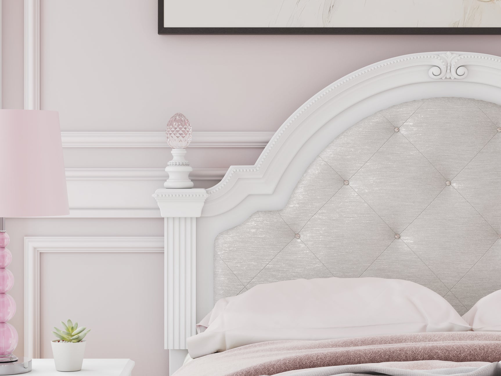 Close-up of headboard with ornate beading and tufting